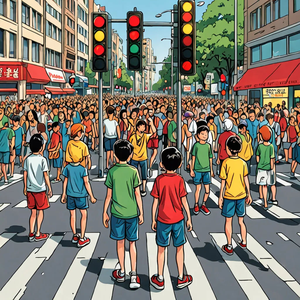 a group of people standing on a street next to a traffic light and a crowd of people standing on the street, Asaf Hanuka, kinetic pointillism, a storybook illustration, detailed illustration