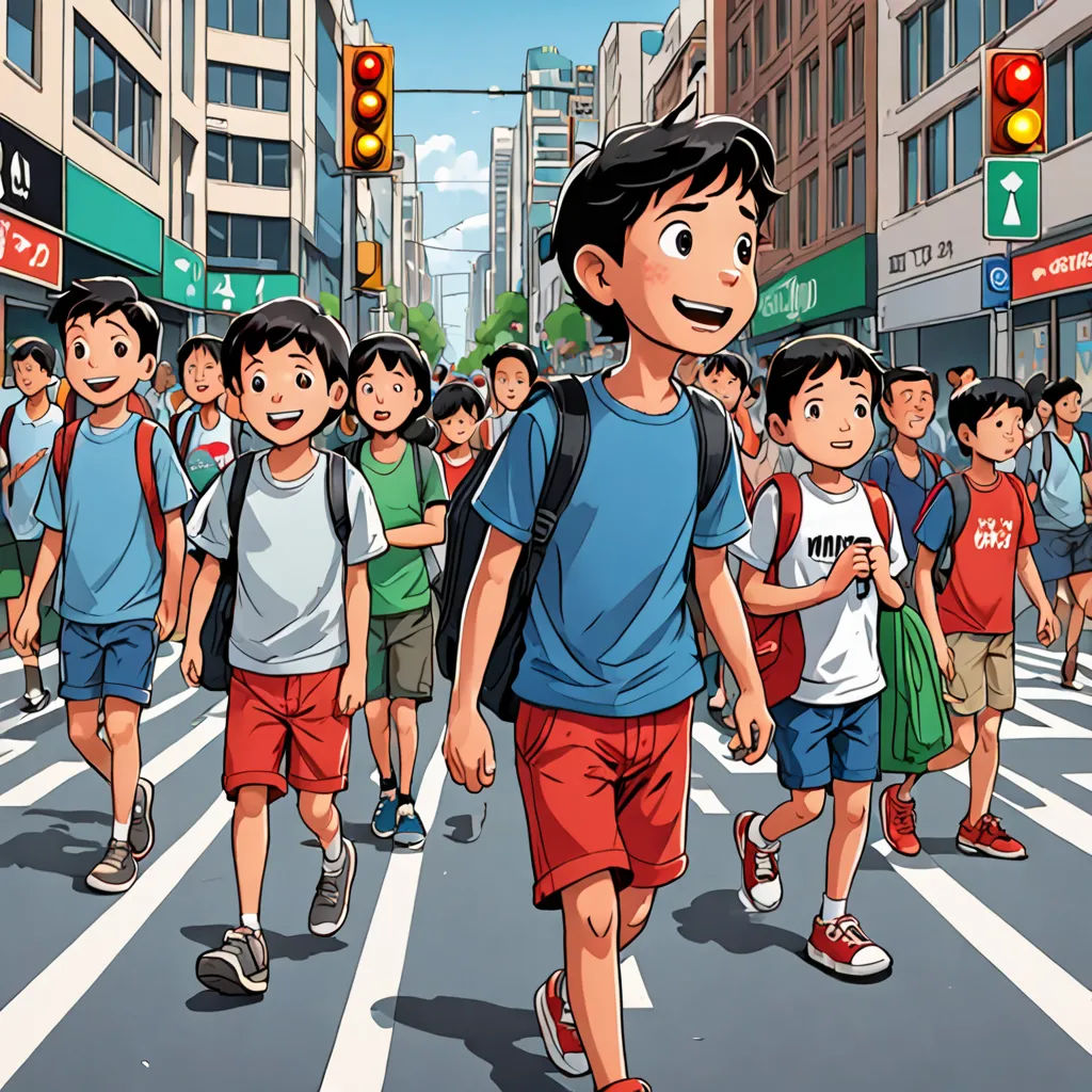 a group of children walking across a street next to a traffic light and a traffic light pole with a man in the middle of the street, Asaf Hanuka, lyco art, a comic book panel, yukito kishiro