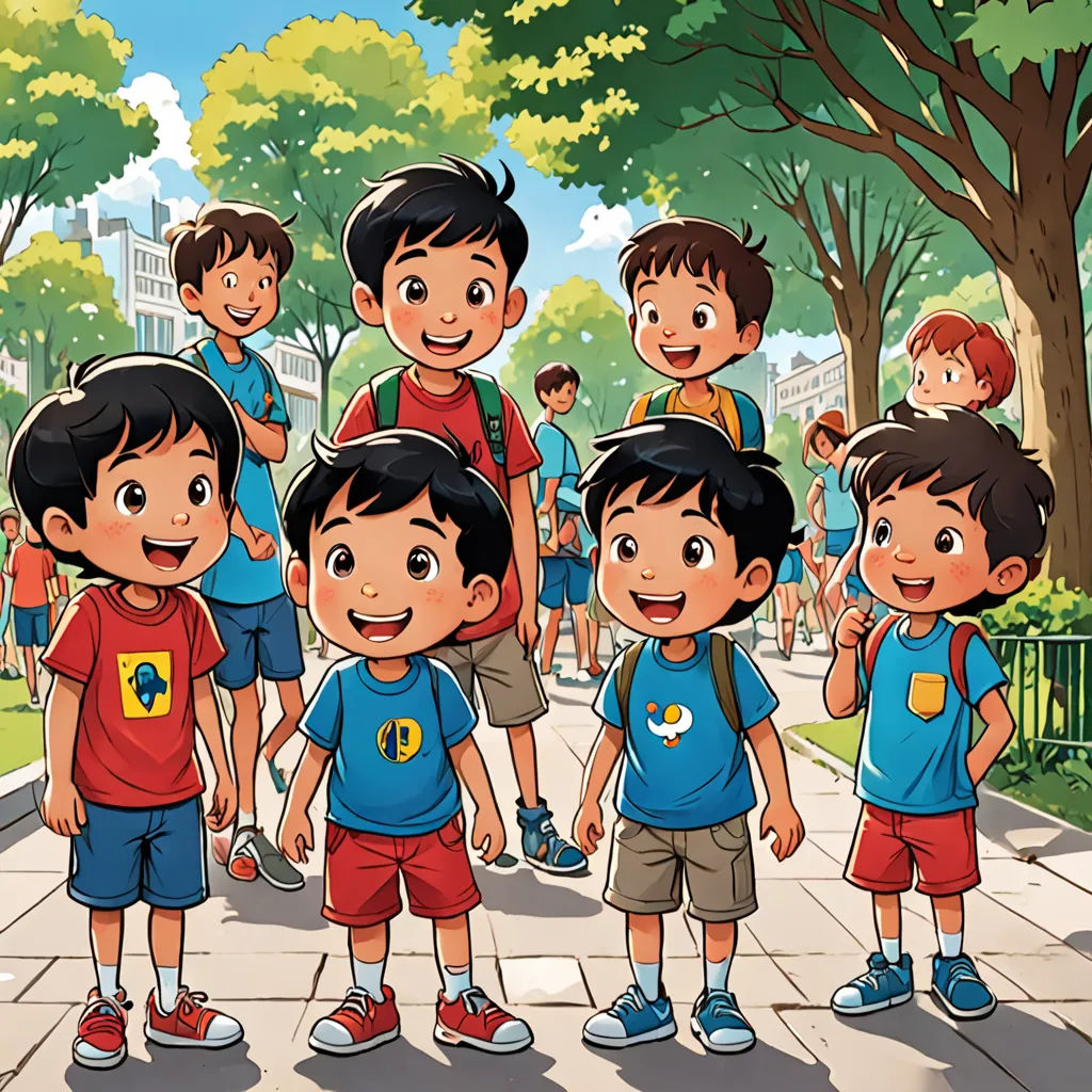 a group of children standing on a sidewalk in a park with trees and buildings in the background, with a boy in the front of the group, Altoon Sultan, lyco art, a storybook illustration, promotional image