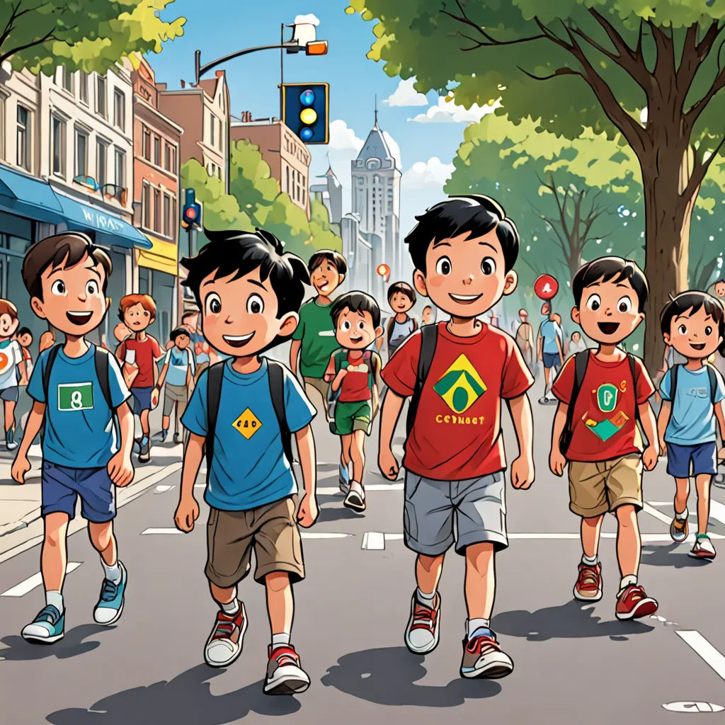 a group of children walking down a street in a line with a traffic light in the background and a crowd of people walking down the street, Cao Buxing, paris school, a comic book panel, official art