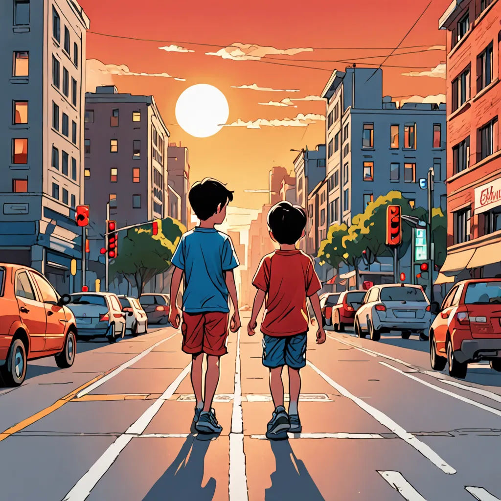 two children walking down a city street at sunset with traffic lights and buildings in the background, with the sun setting, Asaf Hanuka, les automatistes, a comic book panel, graphic novel