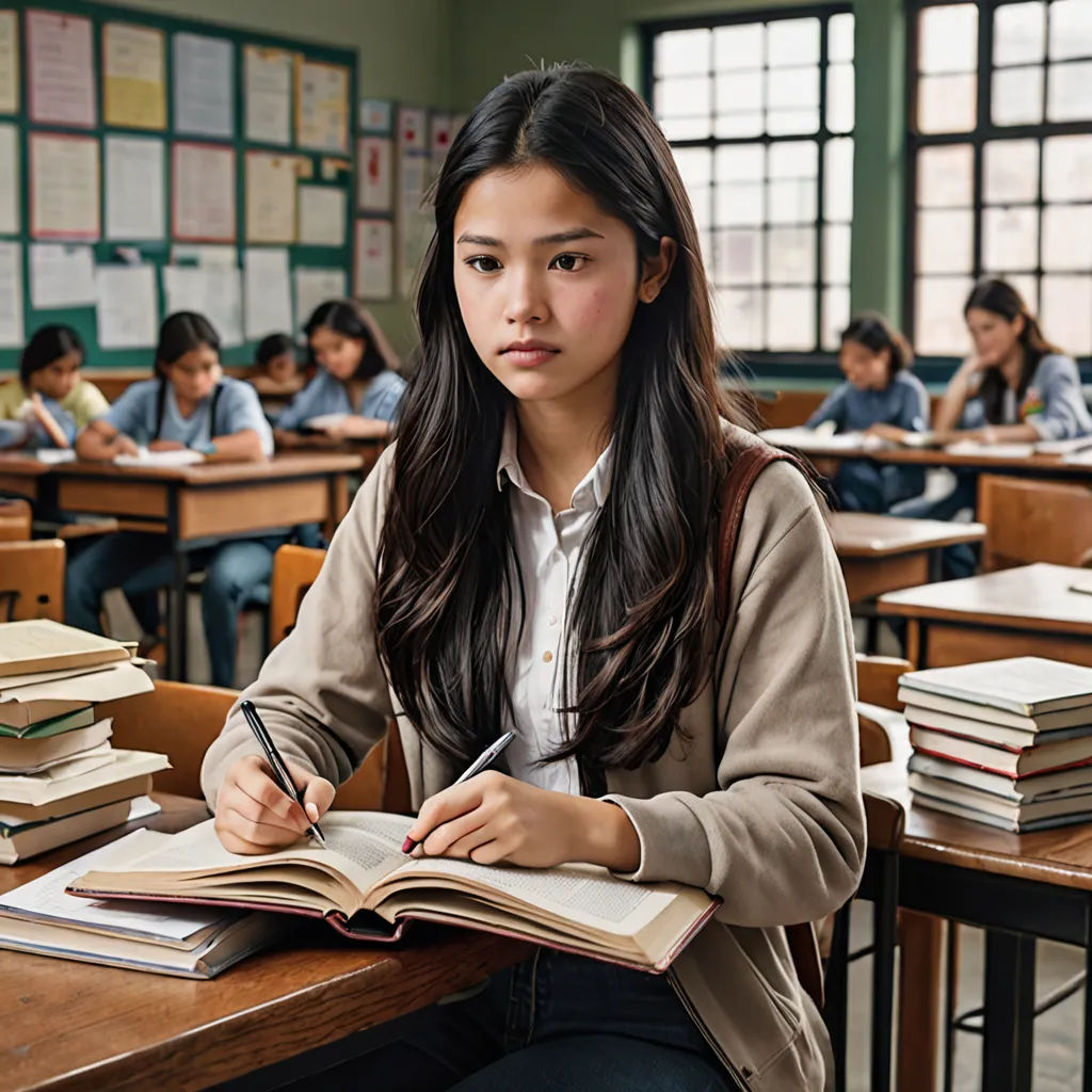 a girl sitting at a desk with a book and pen in her hand and a lot of books on the desk, quito school, a poster, Elina Karimova, promotional image