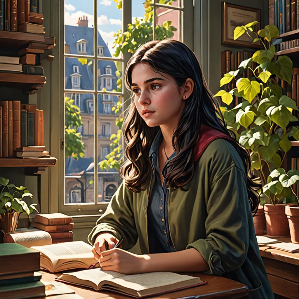 a painting of a girl sitting at a desk with a book and pen in her hand and a window behind her, academic art, a painting, Evgeny Lushpin, official art