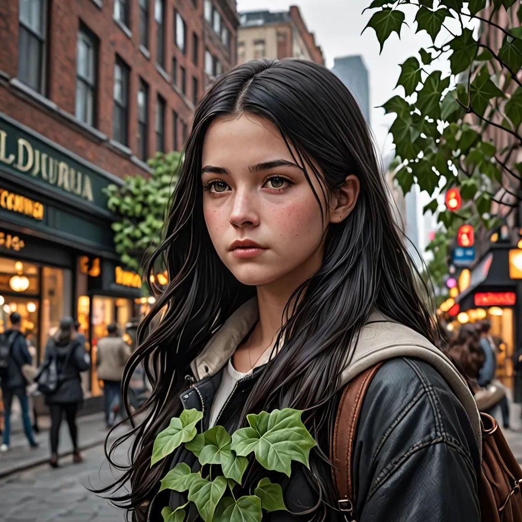a woman with a plant in her hand on a city street corner with people walking by and a store, photorealism, a character portrait, Dave Melvin, portrait photography