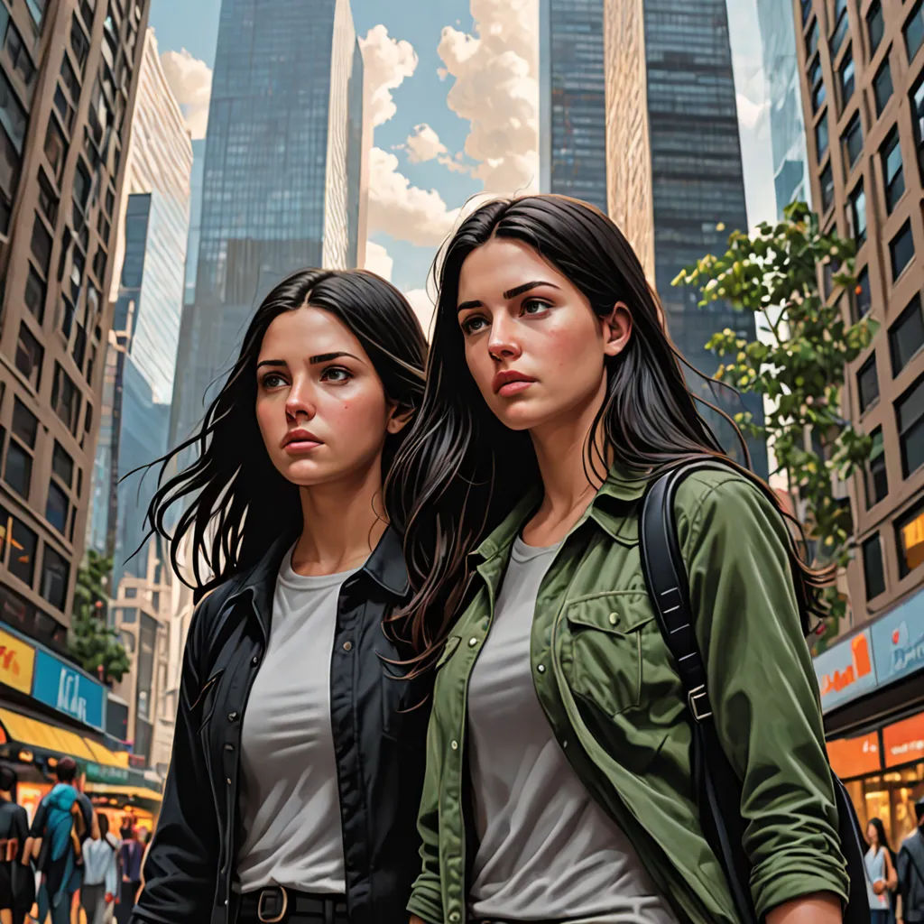 two women standing in a city street with tall buildings in the background and a sky background with clouds and clouds, american scene painting, a hyperrealistic painting, Barclay Shaw, highly detailed digital painting