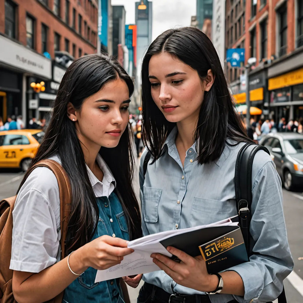two girls standing on a street corner looking at a piece of paper with a city in the background and a taxi cab, american barbizon school, a stock photo, Ejler Bille, promotional image