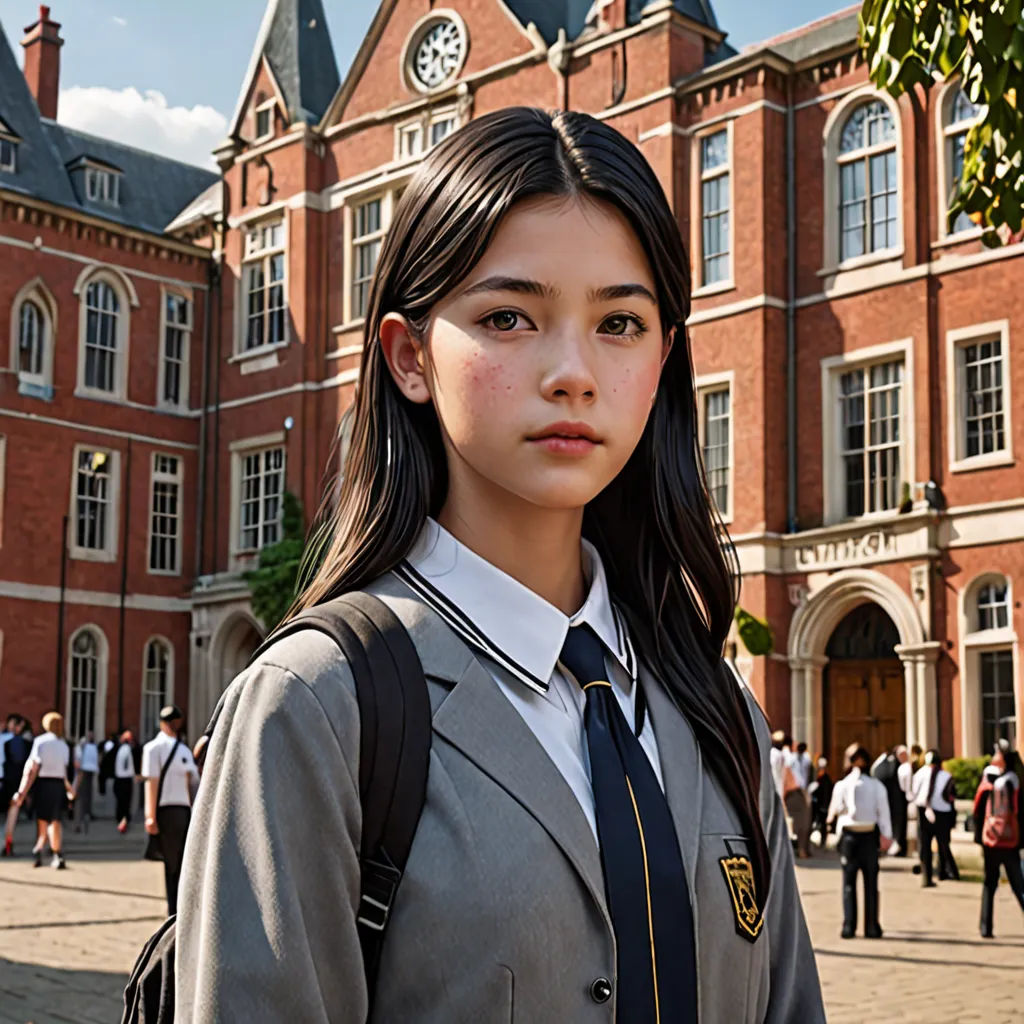 a girl in a school uniform standing in front of a building with a clock on it's tower, paris school, a character portrait, Chizuko Yoshida, canon eos r 3