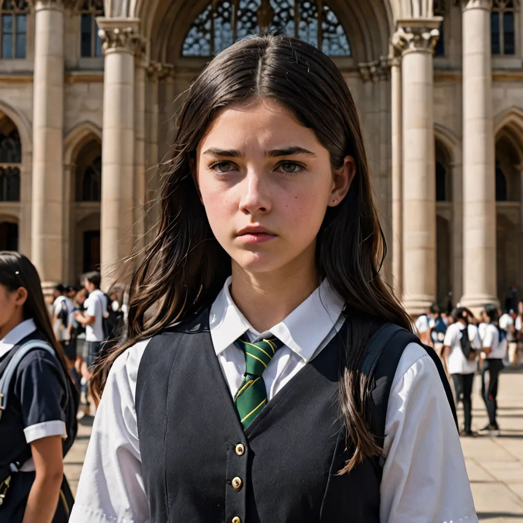 a girl in a school uniform standing in front of a building with a lot of people around her and a building with a clock tower, paris school, a poster, Elina Karimova, promotional image