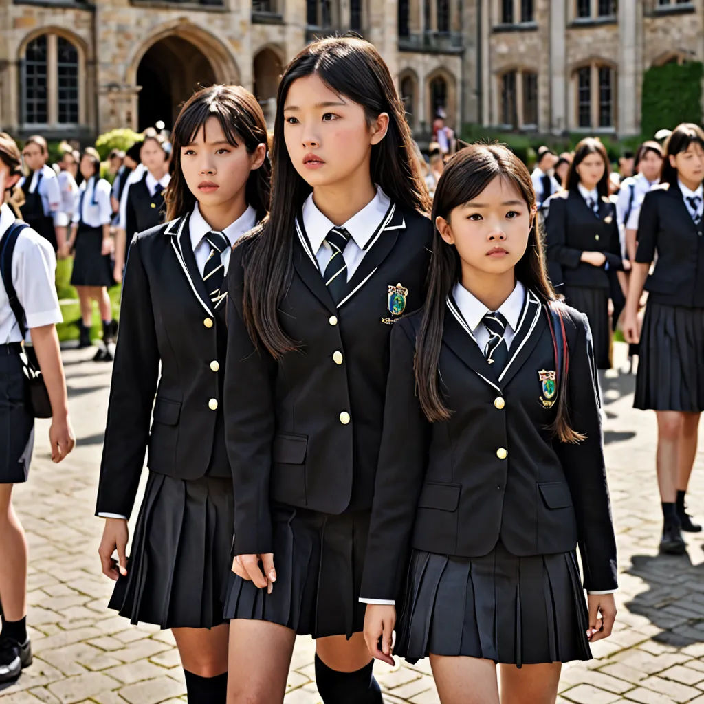 a group of girls in school uniforms standing in front of a building with a crowd of people behind them, heidelberg school, a poster, Choi Buk, movie still