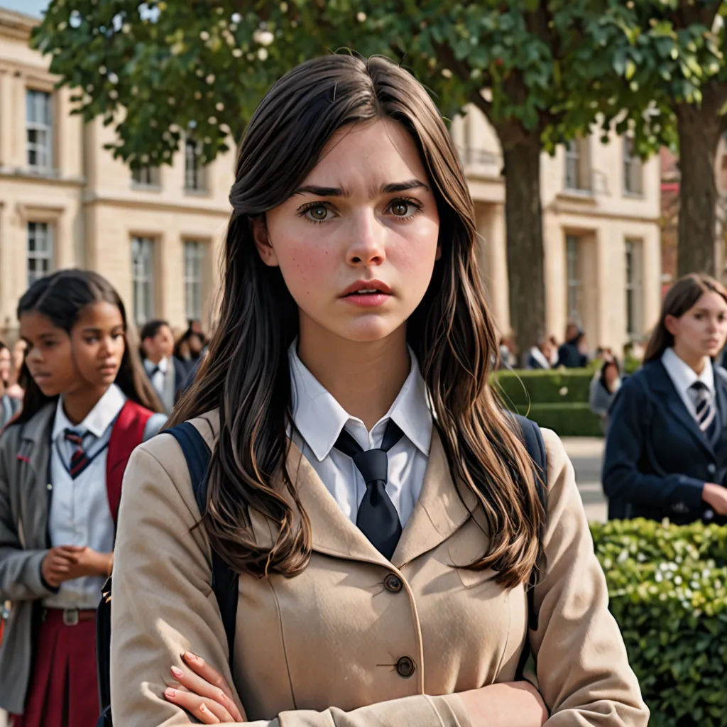 a woman in a trench coat standing in front of a group of people in school uniforms and holding her arms crossed, paris school, a poster, Didier Mouron, promotional image