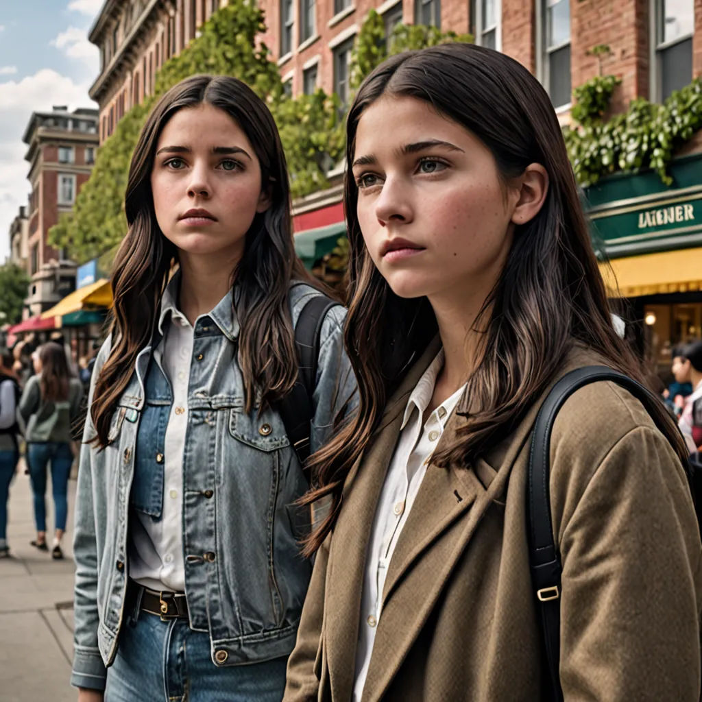 two women standing on a sidewalk in front of a building with a clock on it's side and people walking by, serial art, a poster, Art Brenner, promotional image