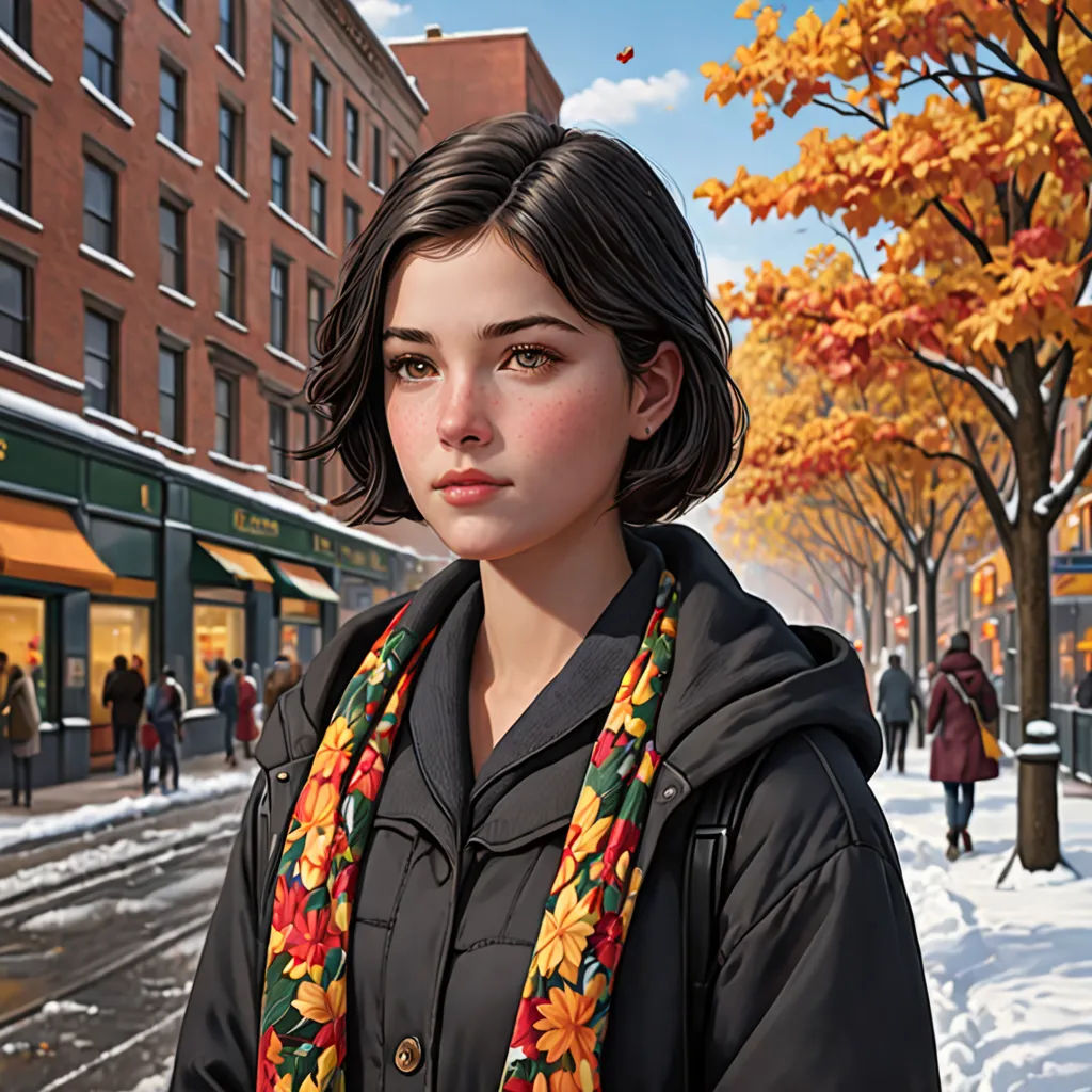 a painting of a woman standing in the snow in front of a building with a scarf around her neck, american scene painting, a detailed painting, Evgeny Lushpin, ultra realistic digital art