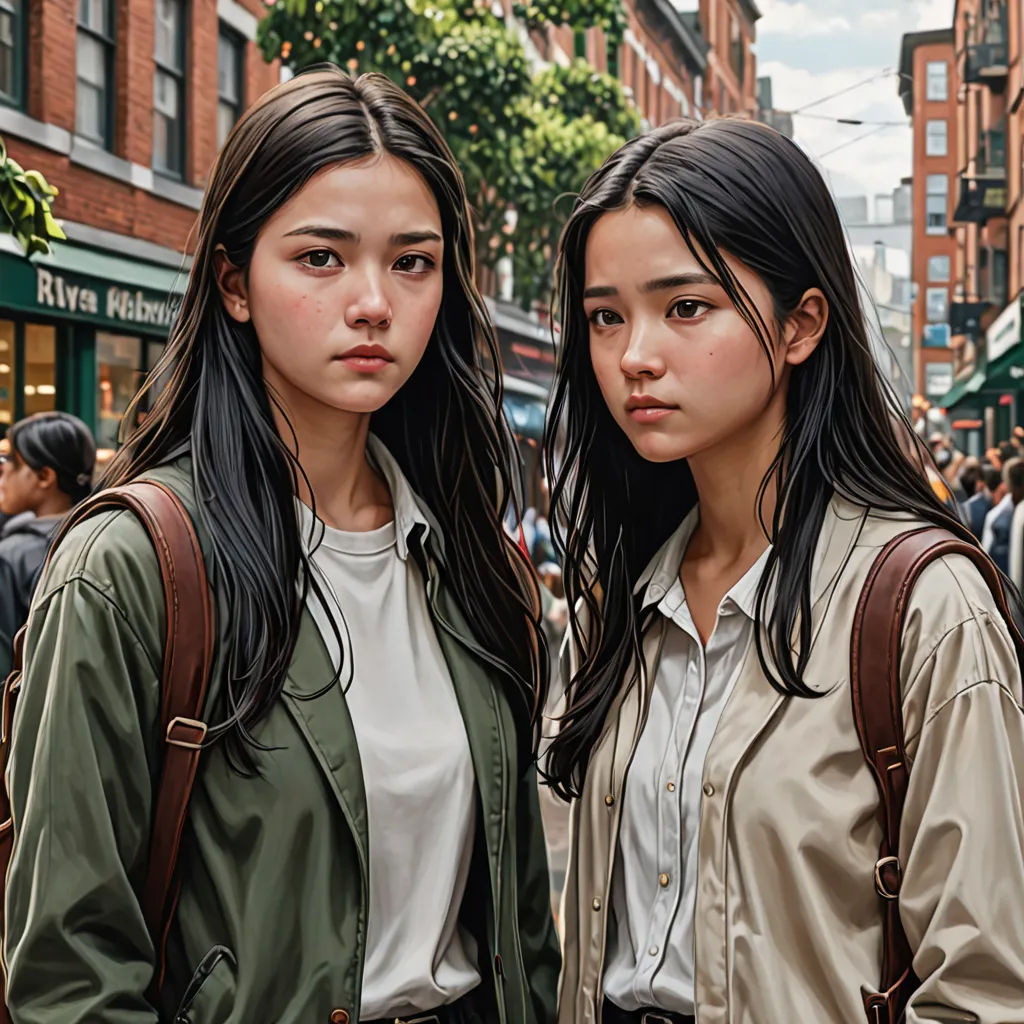 two young women standing next to each other on a street corner in front of a crowd of people and buildings, photorealism, a hyperrealistic painting, David Park, hyper real