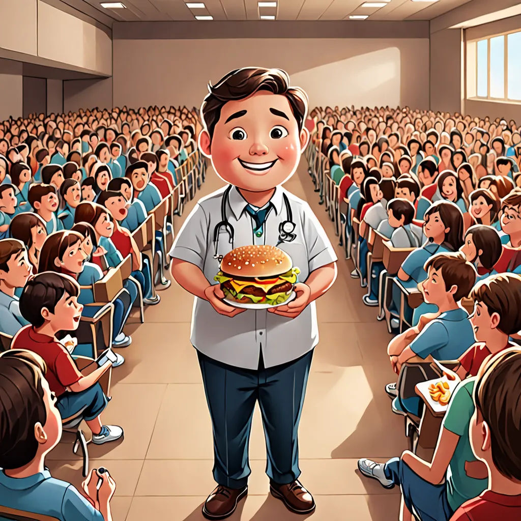 a cartoon of a man holding a hamburger in front of a classroom full of people in blue shirts and red shirts, american realism, a storybook illustration, Alejandro Burdisio, promotional image