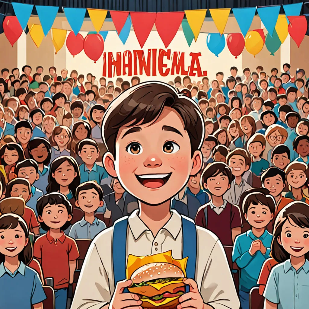 a cartoon of a man holding a hamburger in front of a crowd of people in a theater with a banner that says inannicama, mannerism, a storybook illustration, Diego Gisbert Llorens, comic cover art
