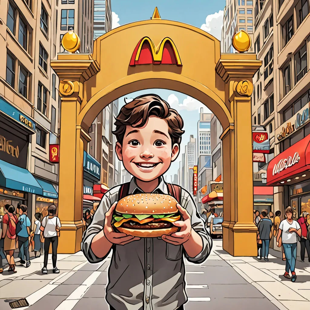 a cartoon of a man holding a large hamburger in a city street with a mcdonald's archway in the background, american realism, a storybook illustration, Diego Gisbert Llorens, ultra realistic illustration