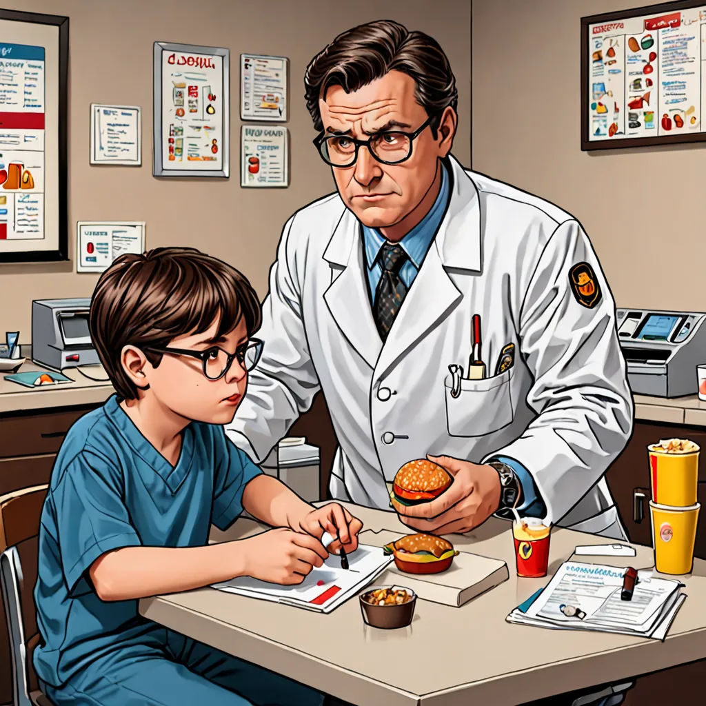 a man in a white lab coat and glasses is eating a burger with a boy in a blue shirt, american realism, a storybook illustration, Dean Roger, official art