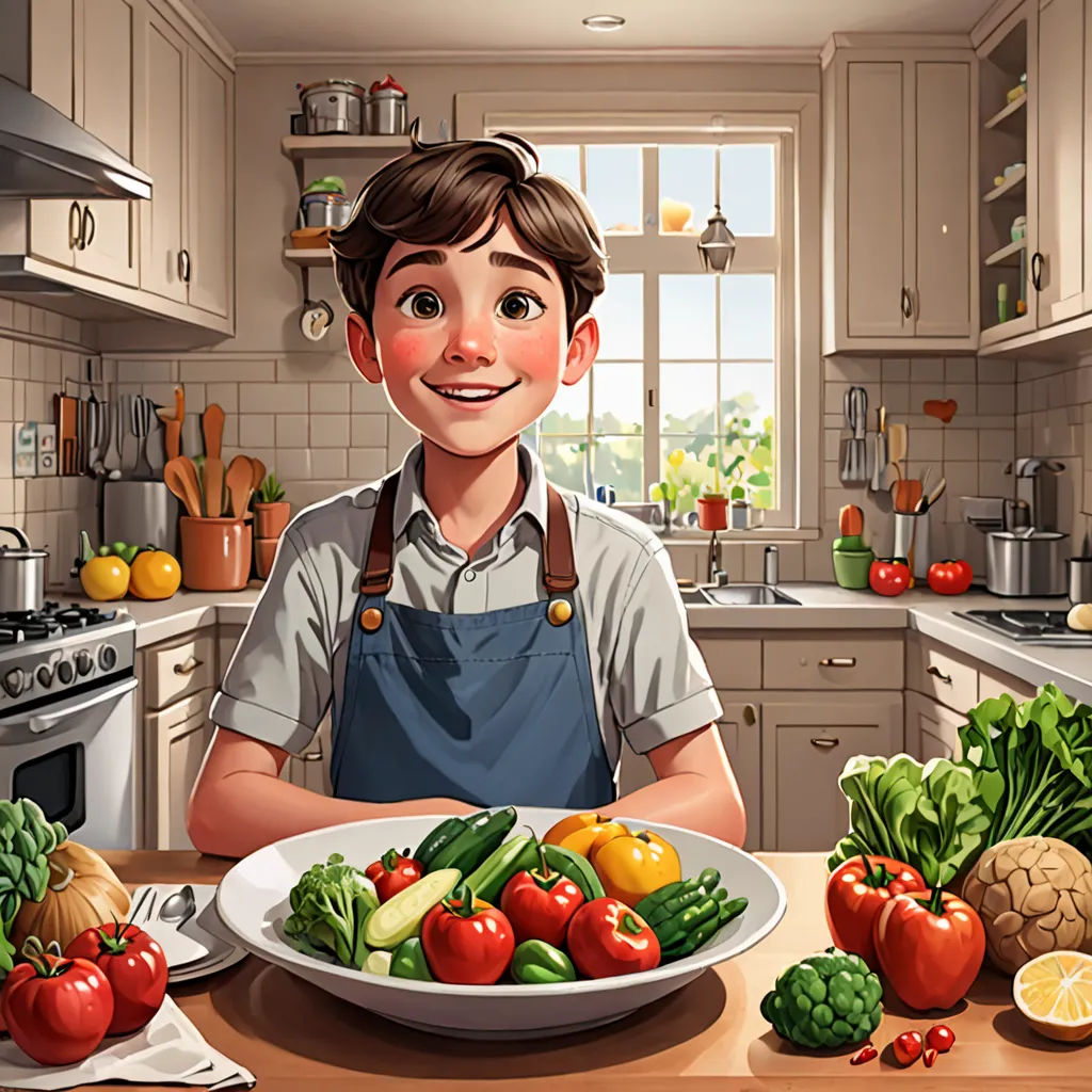 a cartoon boy is standing in a kitchen with a plate of vegetables and a knife and fork in front of him, lyco art, a storybook illustration, Alejandro Burdisio, trending on art station