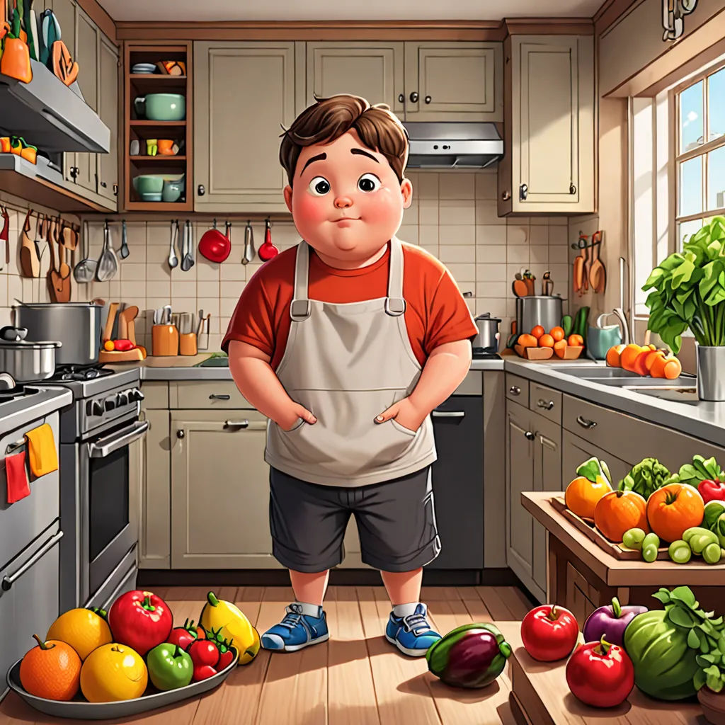 a cartoon of a man standing in a kitchen with a plate of vegetables and fruit on the counter top, photorealism, a storybook illustration, Alejandro Burdisio, cgstudio