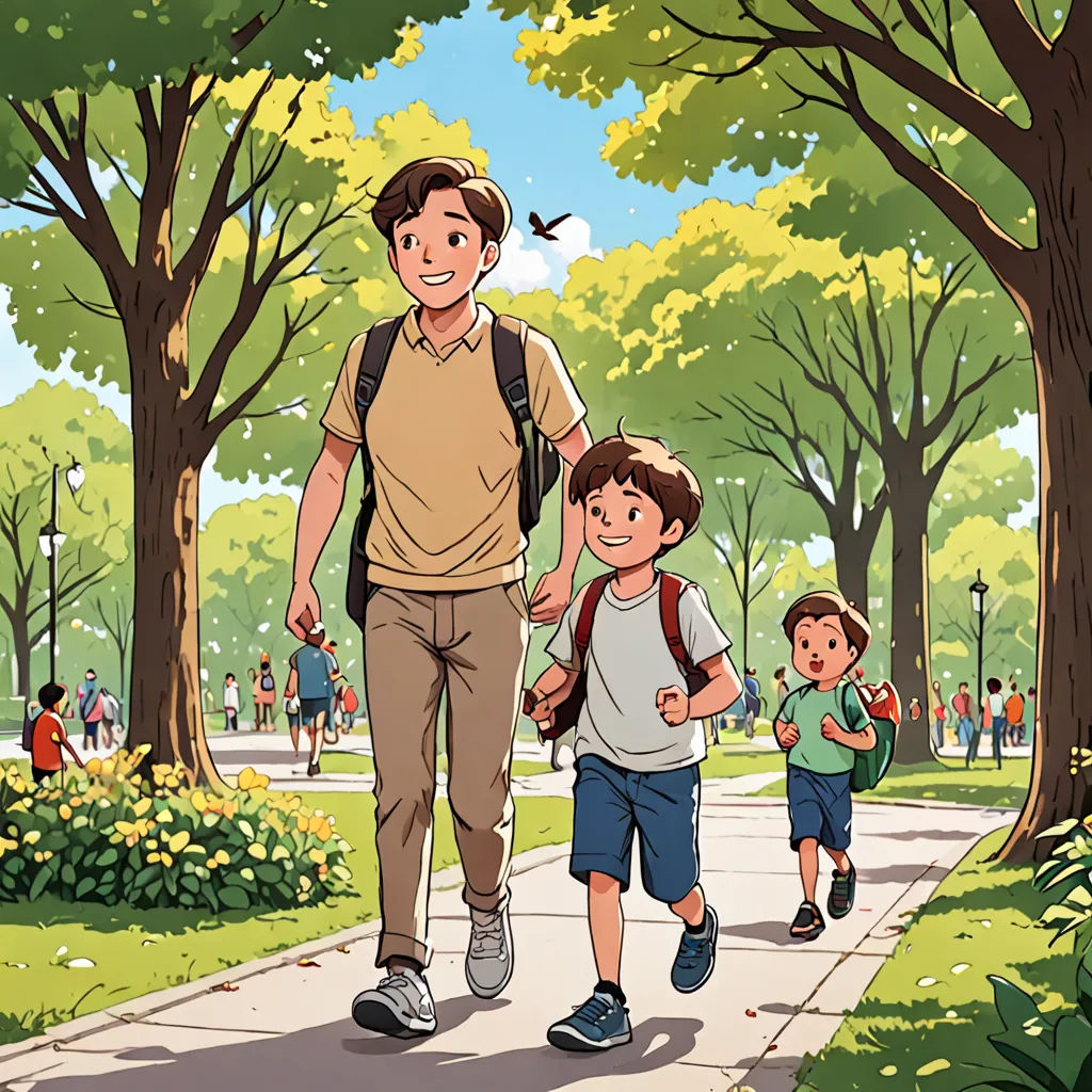 a man and two boys walking down a sidewalk in a park with trees and people in the background,, vancouver school, a storybook illustration, Asaf Hanuka, official art