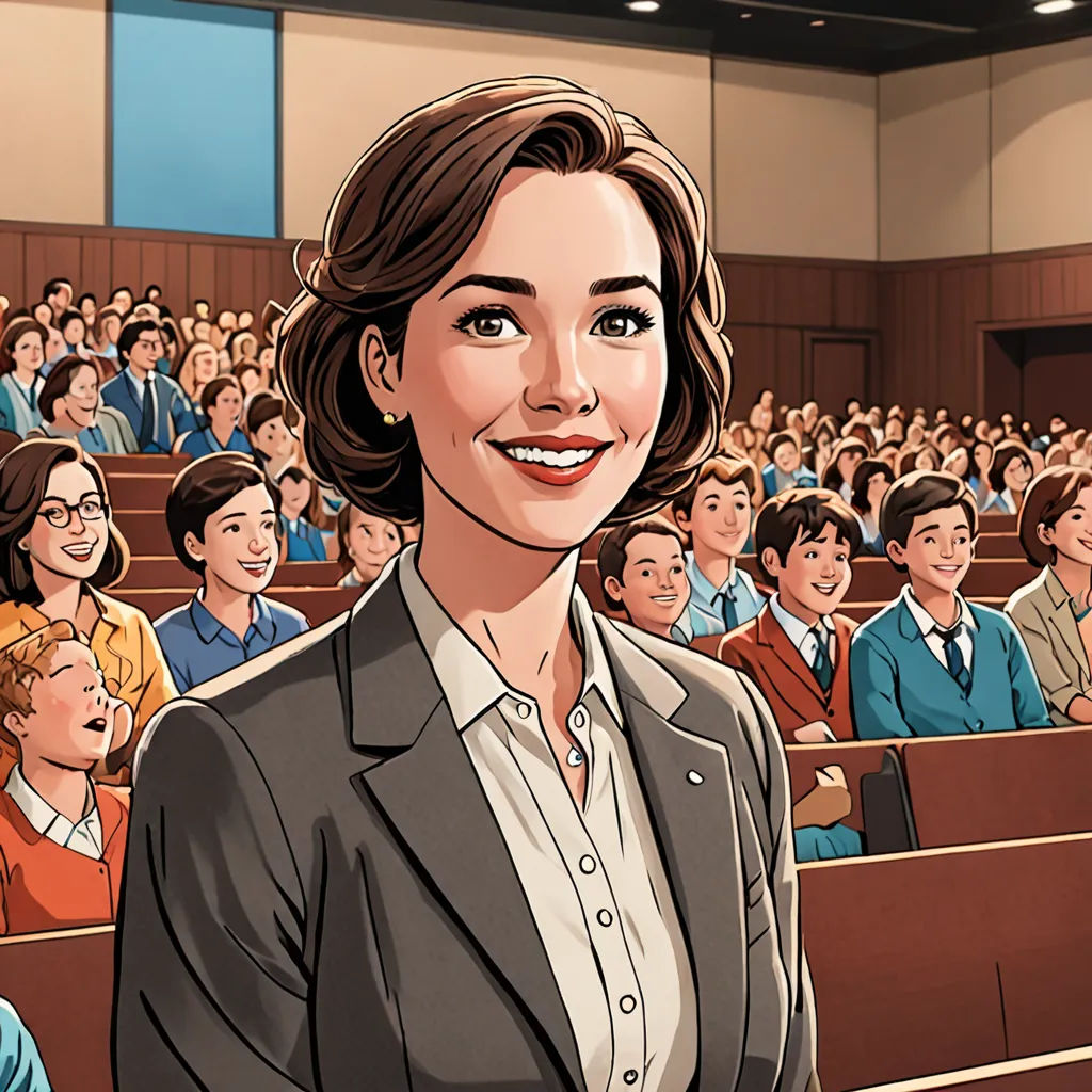 a woman standing in front of a crowd of people in a courtroom with a cartoon of a woman in a suit, american scene painting, a comic book panel, Florence Engelbach, graphic novel
