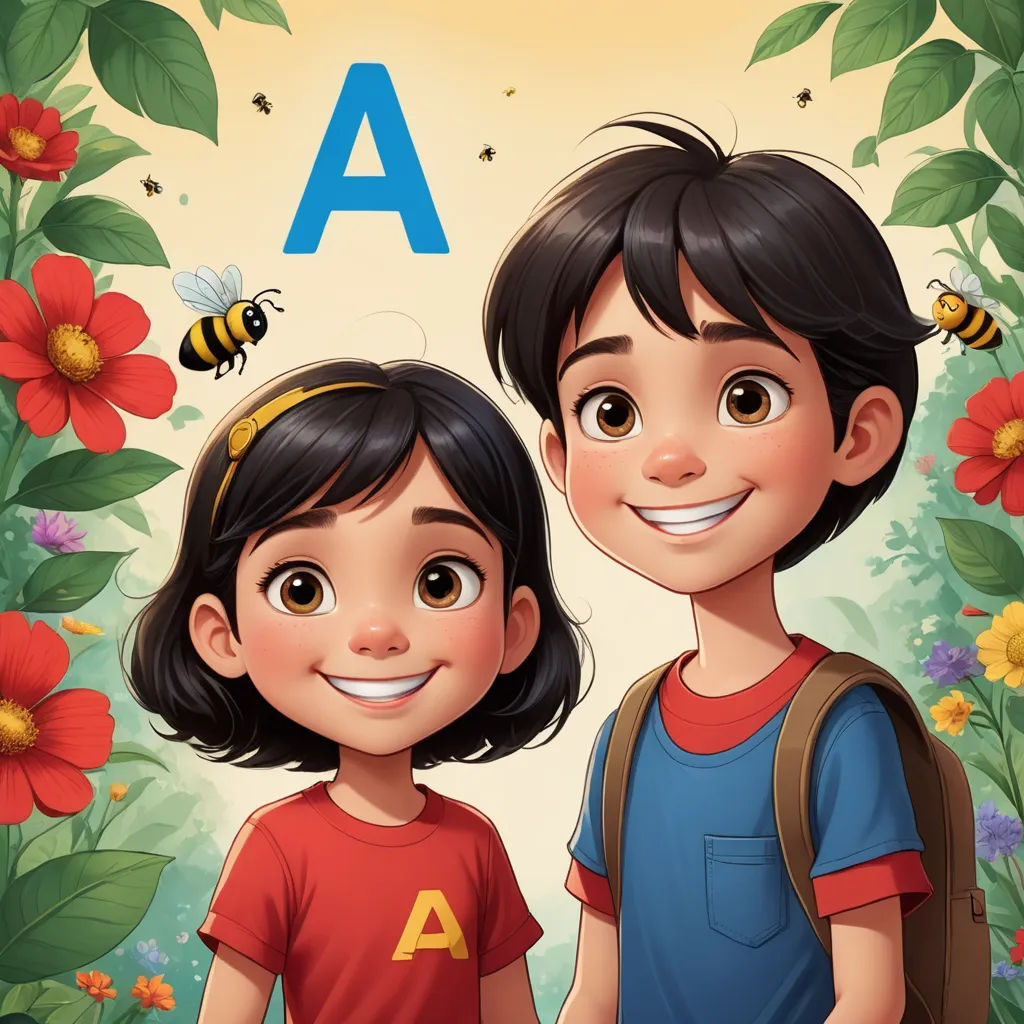 a boy and a girl are standing in front of a flower garden with a bee on it and the letter a above them, art & language, a storybook illustration, Art & Language, trending on art station