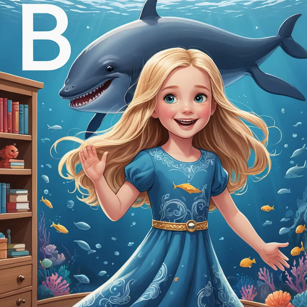a girl in a blue dress standing in front of a bookcase with a dolphin on it and a letter b above her, pop surrealism, a storybook illustration, Alice Prin, storybook illustration