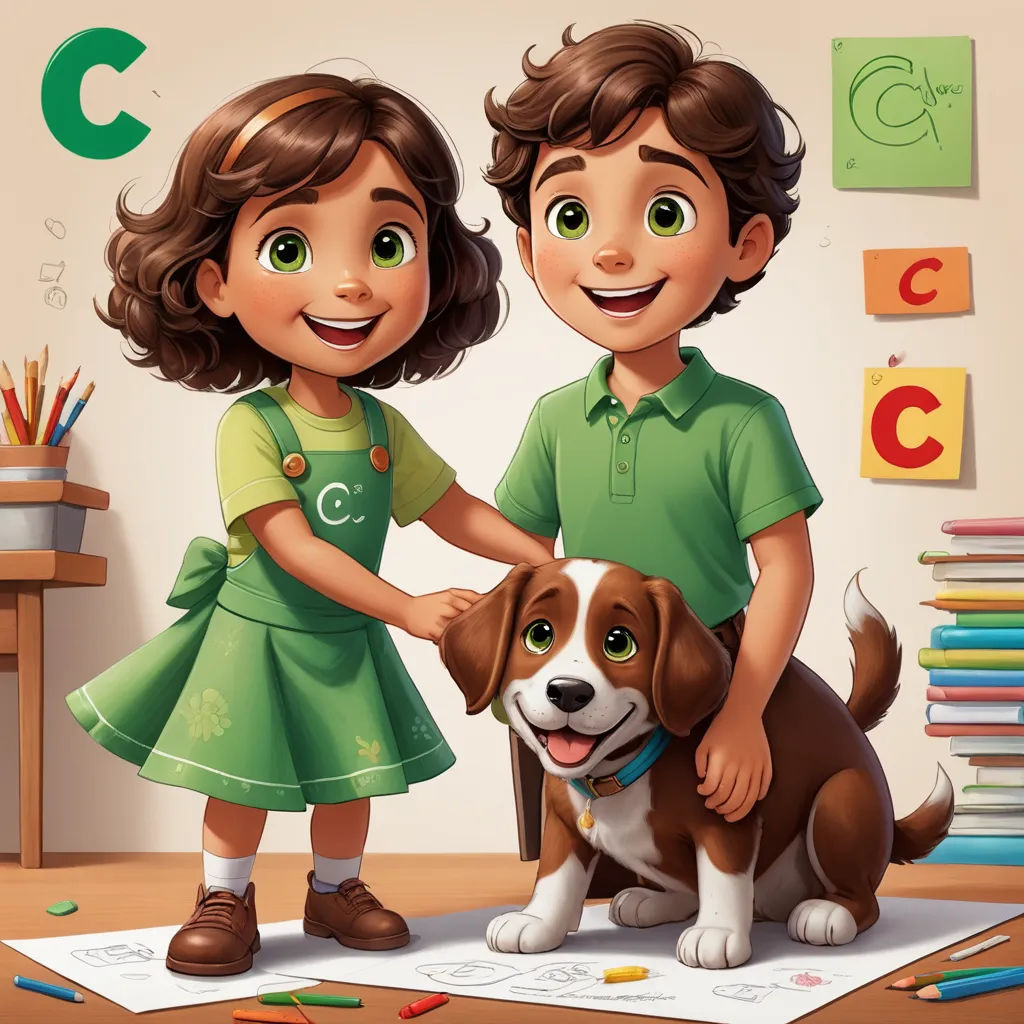 a boy and a girl petting a dog in a room with a desk and books on the floor, process art, a child's drawing, Diego Gisbert Llorens, cgstudio