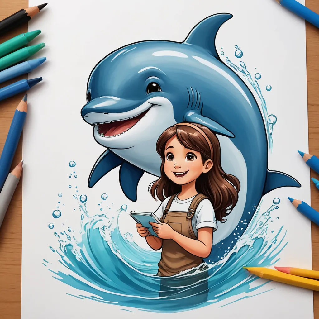 a girl is holding a tablet while a dolphin is in the background with a pencil in her hand and a drawing of a girl in the foreground, lyco art, a storybook illustration, Artgerm, ultra realistic illustration