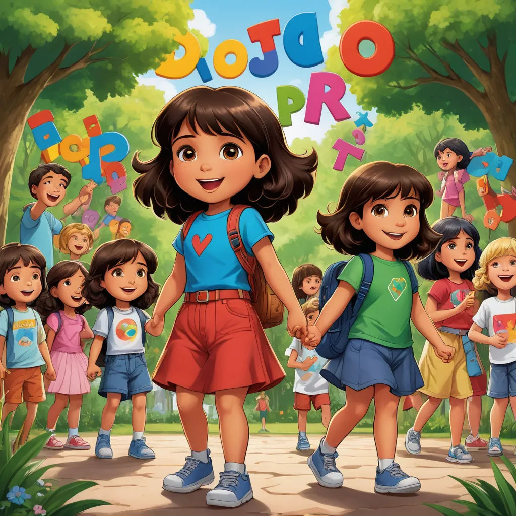 a cartoon of a girl holding hands with a group of children in the background with the words dojo dojo dojo, art & language, a storybook illustration, Ada Gladys Killins, promotional image