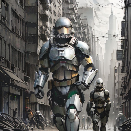 a man in a suit and helmet walking down a street with another man in a suit and helmet behind him