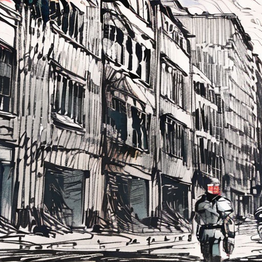 a drawing of a man walking down a street with a red umbrella in his hand and a red traffic light above him