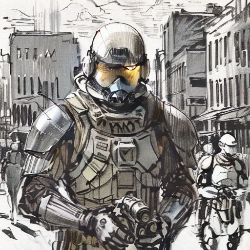 a man in a futuristic suit standing in the street with a helmet on and a gun in his hand
