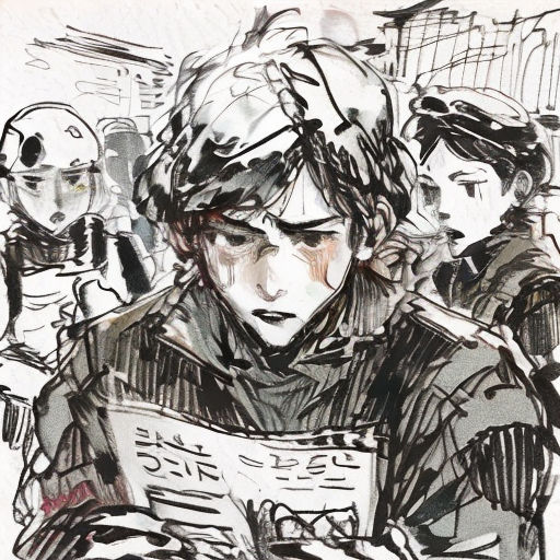 a drawing of a man reading a book in a crowd of people in a subway station, with a man in the background