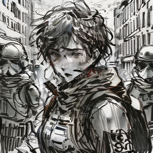 a drawing of a man in a suit and helmet with other people in the background in a cityscape