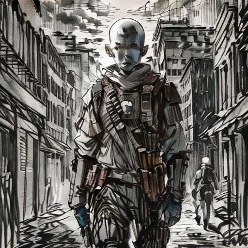 a man in a futuristic suit walking down a street with a gun in his hand and a helmet on