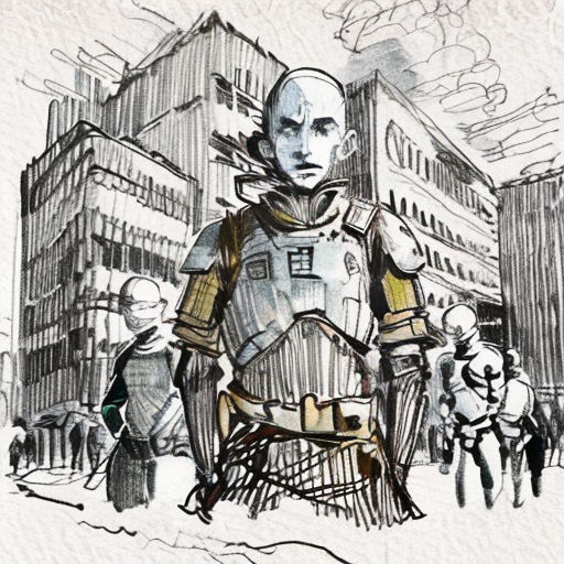 a drawing of a man in a star wars costume walking down a street with a child in the background