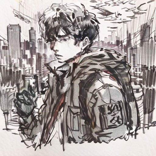 a drawing of a man in a jacket looking at his cell phone in a cityscape background with birds flying overhead