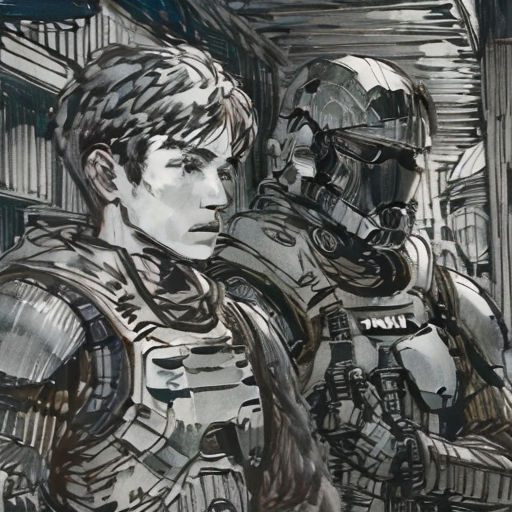 a drawing of a man in a futuristic suit and helmet with another man in the background looking at him