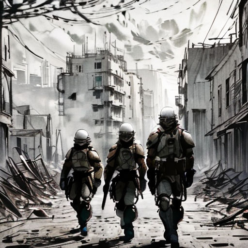 three soldiers walking down a street in a city with buildings and debris on the ground and a bird flying overhead