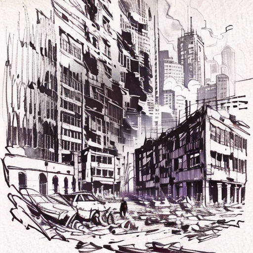 a drawing of a city with lots of buildings and people walking around it, with a sky line in the background