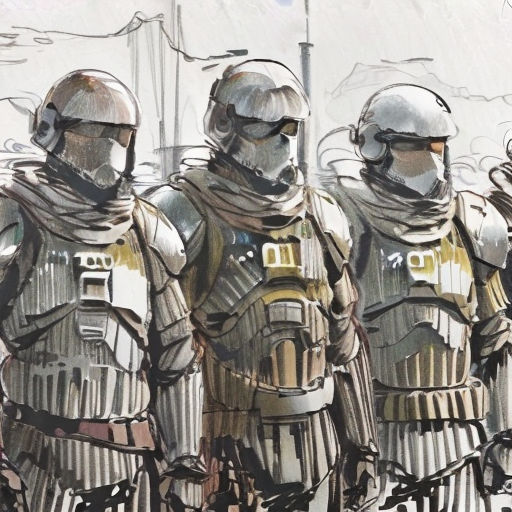 a group of people in armor standing next to each other on a street corner with a building in the background