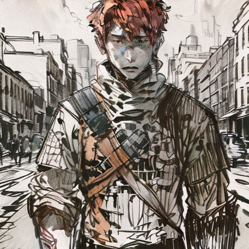 a drawing of a man with a gun in his hand and a city in the background with buildings and people