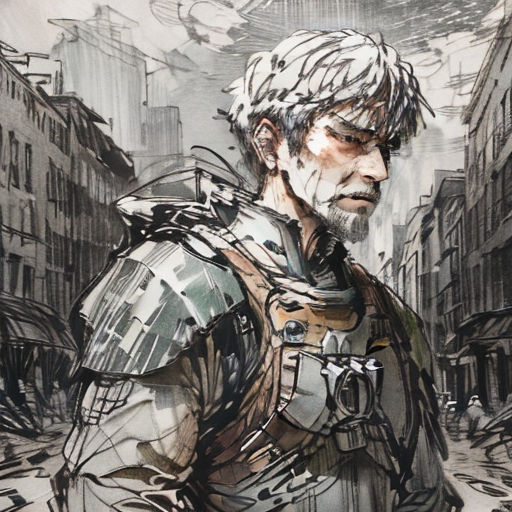 a man in a suit of armor standing in a city street with a bird flying overhead in the background