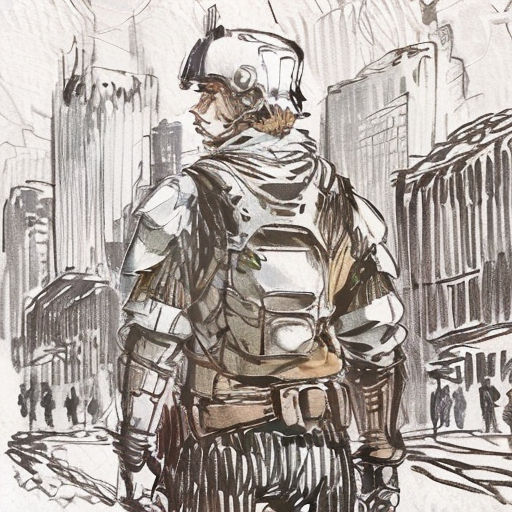 a drawing of a man in a suit and helmet standing in the street with a cityscape in the background