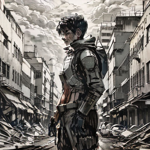 a man in a futuristic suit standing in a city street with a gun in his hand and a building in the background