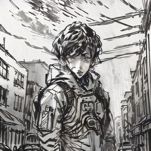 a drawing of a boy in a city street with a backpack on his back and a backpack on his shoulder