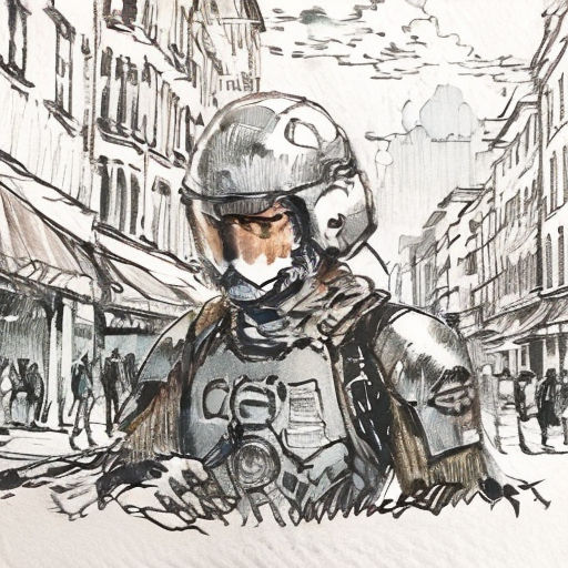 a drawing of a man in a helmet and a motorcycle jacket on a city street with buildings in the background