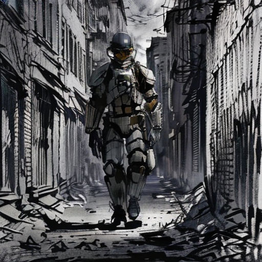 a man in a futuristic suit walking down a street in a city with buildings and debris all around him