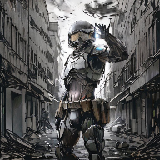 a man in a futuristic suit standing in a city street with a gun in his hand and a bird flying overhead